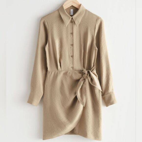 & Other Stories Buttoned Mini Wrap Shirt Dress Long Sleeve Tan 10 - Picture 3 of 10
